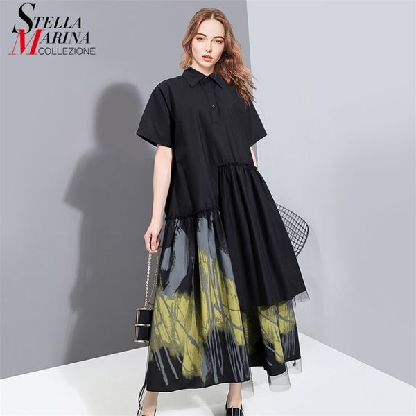 Stile dipinto Donna Summer Designer Abito lungo nero vintage camicia Retro Print Mesh Overlay Lady Casual Robe 6138 210623
