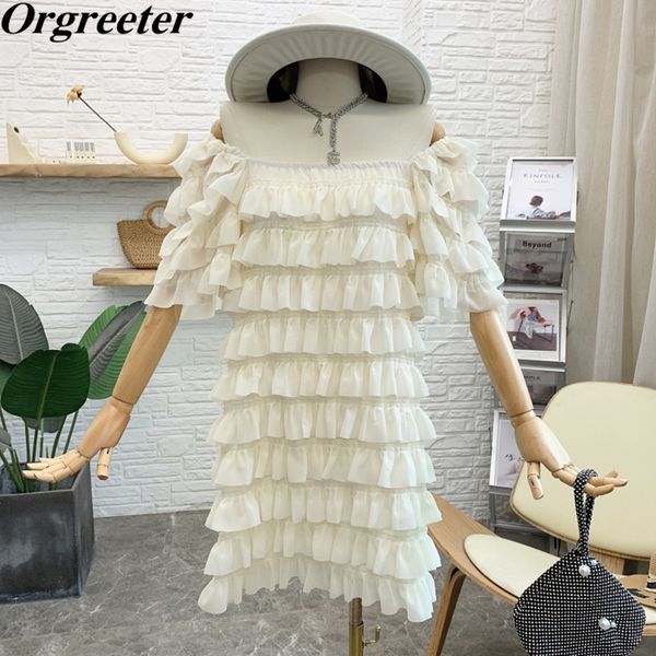 

off shoulder chiffon dress female summer retro short sleeve cascading ruffles patchwork cake for women 210525, Black;gray