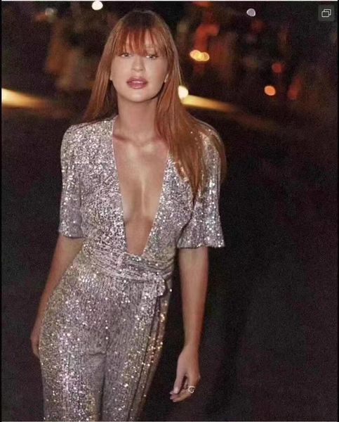 

women's jumpsuits & rompers est short sleeve v neck mesh sequins sparkly women jumpsuit 2021 celebrity designer fashion, Black;white