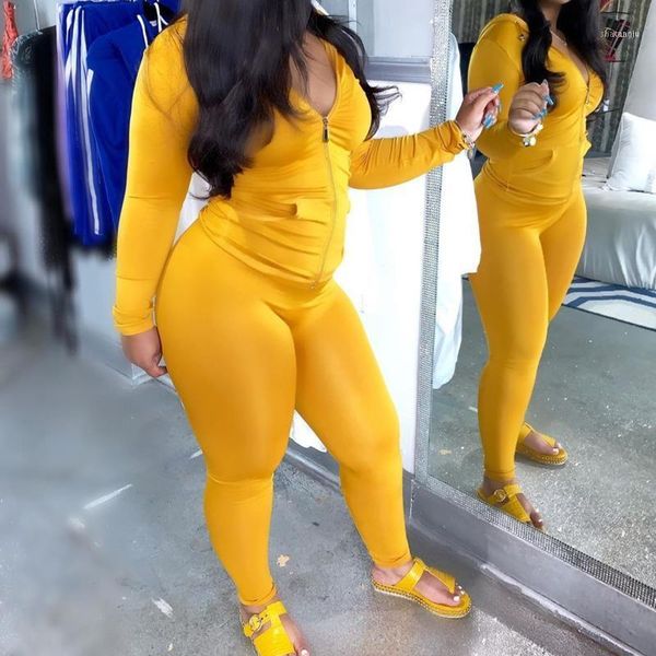 

yellow skinny two piece set women autumn winter long sleeves hooded zipper and full length pant solid casual tracksuits1, White