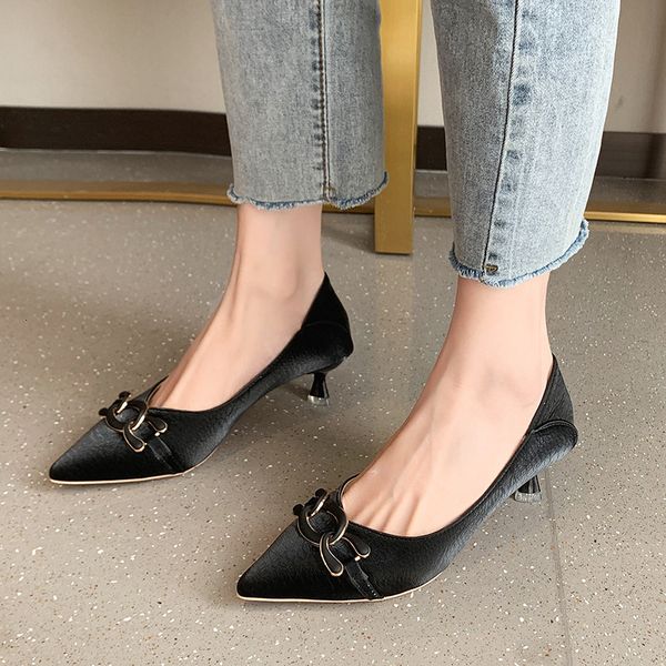 

luxury dress shoes autumn pointed shallow mouth thin middle soft leather high heels metal buckle chain single sho for women, Black