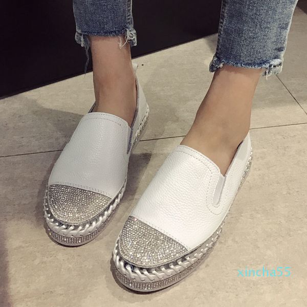 

european famous brand patchwork espadrilles shoes woman genuine leather creepers flats ladies loafers white leather moccasins, Black