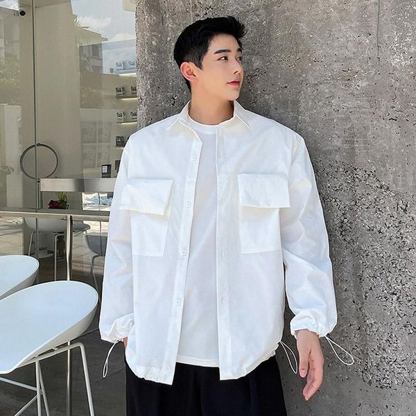 

men's casual shirts big pocket design shirt style jacket men trend fashion loose simple solid black white coat man, White;black