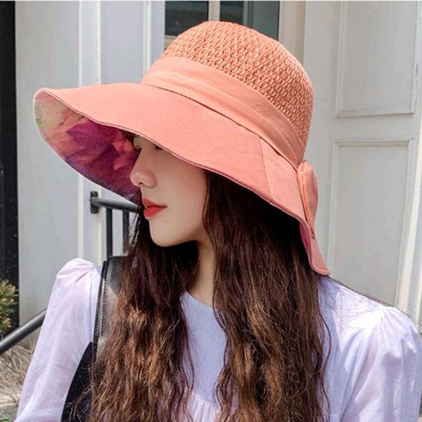 

wide brim hats summer for women bucket hat with big bow solid color large fisherman mesh sunhat korean fashion foldable, Blue;gray