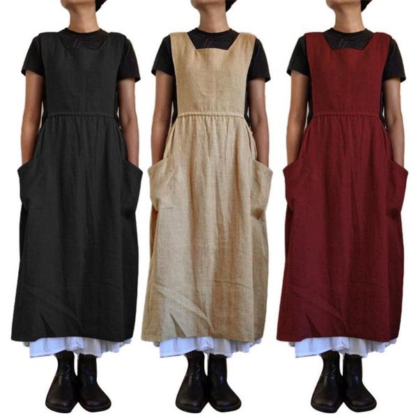 

casual dresses women solid color sleeveless square neck pockets cotton linen apron long dress, Black;gray