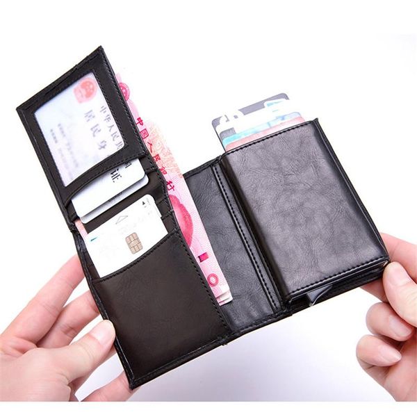 

card holders yambuto rfid business wallet aluminium box pu leather automatic bounce metal credit id holder for travel, Brown;gray