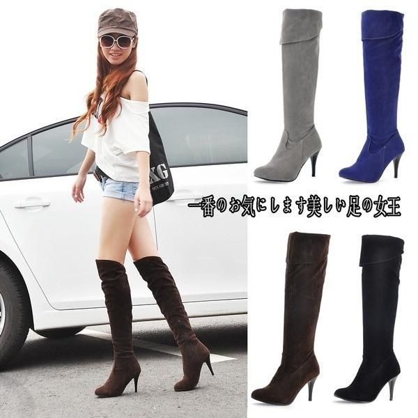 

boots wind thin heel knight round head side zipper high over the knee, Black