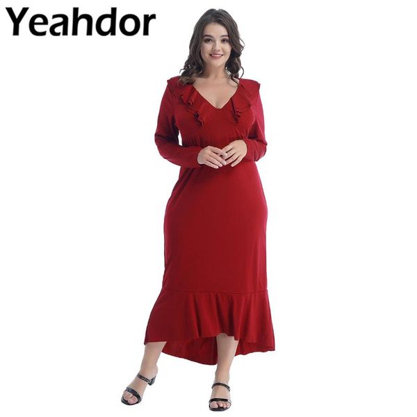 

casual dresses plus size women spring streetwear solid color v neck long sleeve ruffled dress for wedding banquet cocktail party, Black;gray