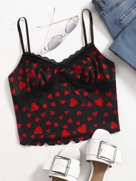 

lace trim allover heart print cami 05yn#, White