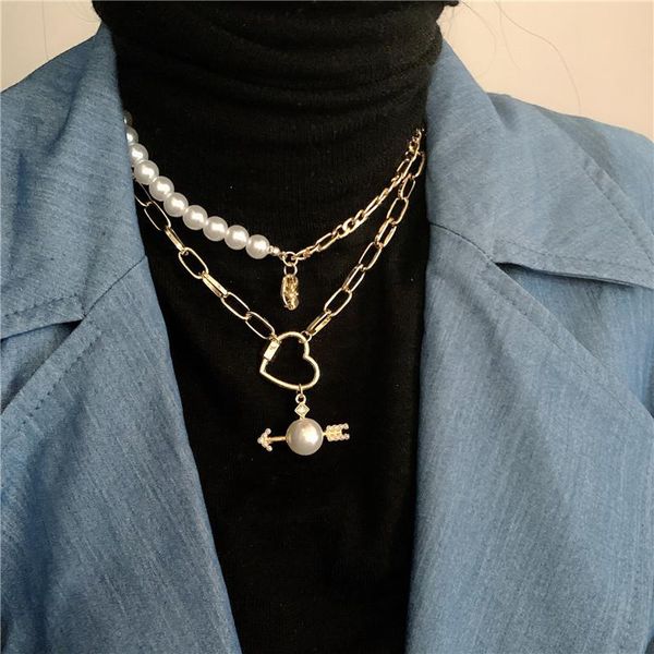 

hiphop multi chains chokers necklaces for women punk metal heart pendant necklace pearl chain choker statement, Golden;silver