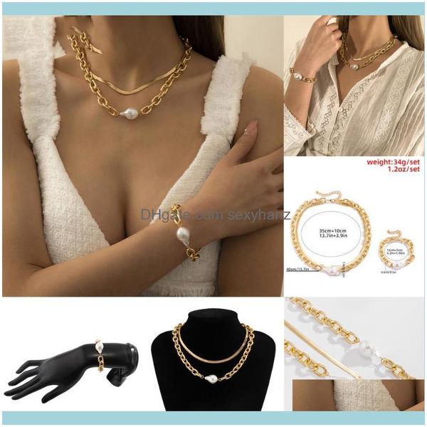 

& sets jewelrypunk flat blade snake chain choker necklace irregular baroque pearl pendant bracelet women female kpop boho collar jewelry set, Silver