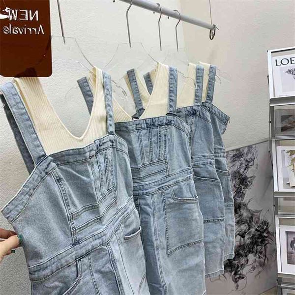 

65% off outlet online store spring and summer new light color sweet strap denim skirt with small vest two piece slim dress, White