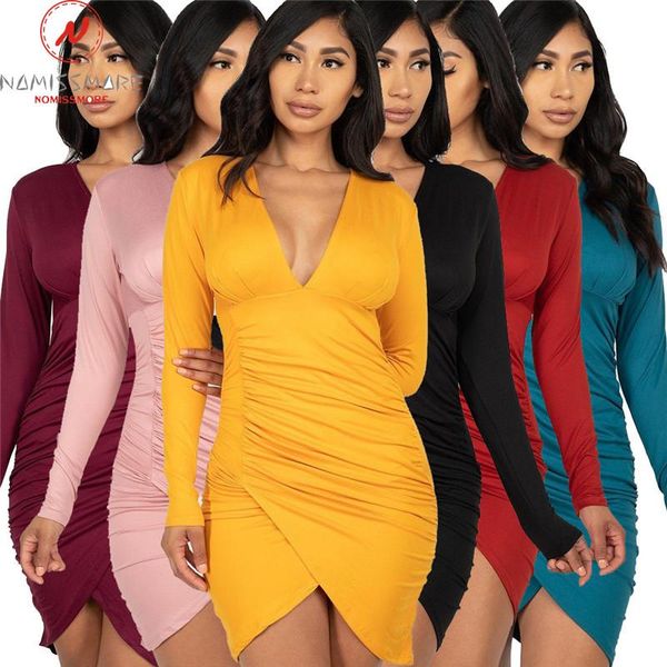 

casual dresses women solid color pencil dress for club shrinkage design zipper decor v-neck long sleeve mid waist slim hips mini, Black;gray