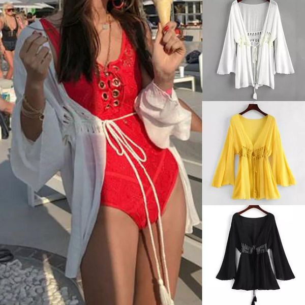 Costumi da bagno da donna Copricostume con lacci Costumi da bagno femminili Nappa Scava fuori Cardigan bikini solido Caftano estivo Sarong Parei