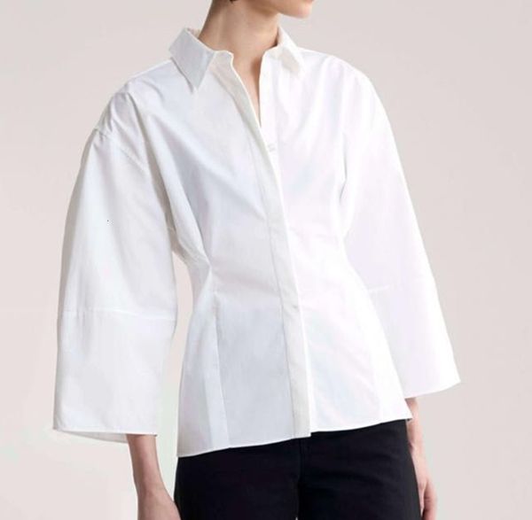 

shirt 2021 early autumn oblique trumpet casual arc sleeve waist blouse female two color qtdn, White