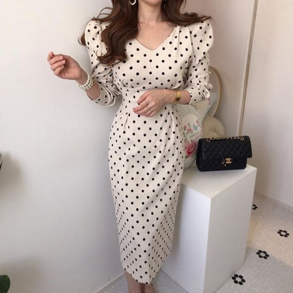 

casual dresses 2021 ladies elegant v-neck polka dots print midi dress puff sleeve slim waist lace-up female package hip corduroy, Black;gray