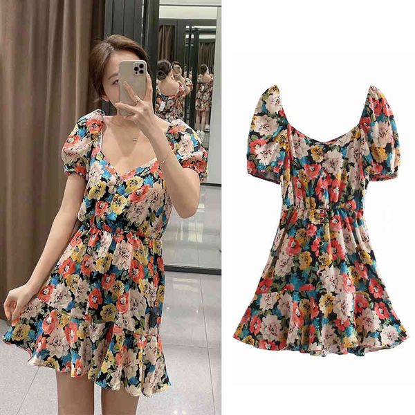 

casual dresses 2021 women's summer fashion flower print dress short-sleeved mini single-breasted slim waist chic short 2m5v, Black;gray