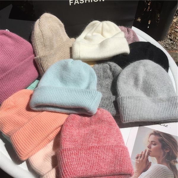 

hat girl winter pure rabbit hair wool hat version versatile simple warm knitting cap student ear protection man, Blue;gray