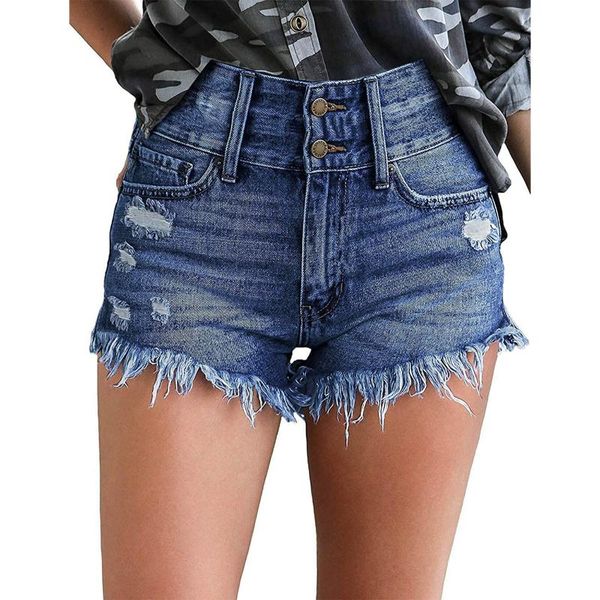 

women's jeans high waist short pants 2021 blue elastic ripped oversize ladies casual streetwear button denim shorts