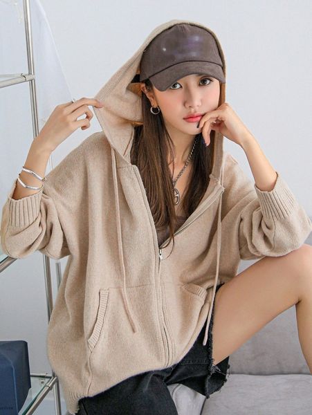 

dazy zip up drop shoulder drawstring hooded cardigan l0ex#, White