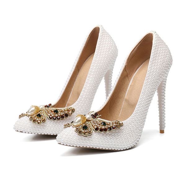 Scarpe eleganti da sposa primaverili Scarpe con tacco alto con perle bianche Designer da donna Décolleté a punta con gioielli Tacchi a spillo da 11 cm Taglie forti