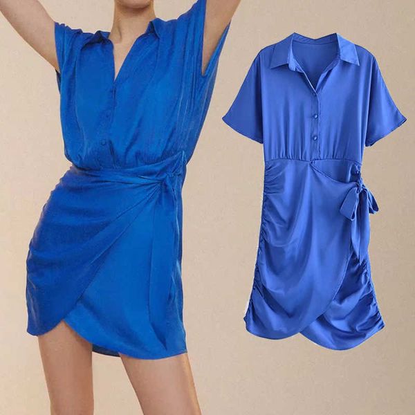 Klkxmyt Summer Za Blue Satin Dress Donna Wrap Short es Women Sleeve Mini Knot Elegant Casual es 210527