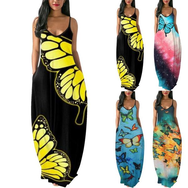 

casual dresses summer plus size bohemian dress women sleeveless maxi loose butterfly print vestidos daily camisole sundress, Black;gray