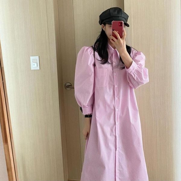 

casual dresses [ewq]2021 spring korean chic turn down collar single breasted over knee puff sleeve striped loose shirt dress 8y947, Black;gray