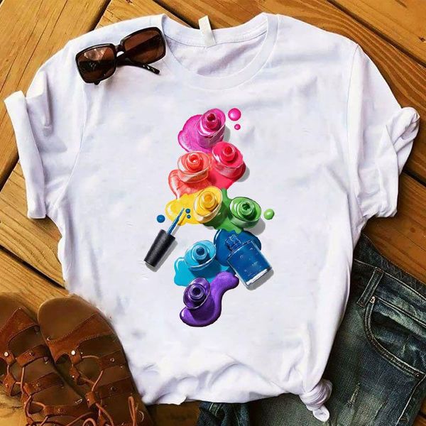

women's t-shirt vogue t shirt women 3d nail polish print colorful makeup fashion girl's tshirts for lady female tee womens clothes, White