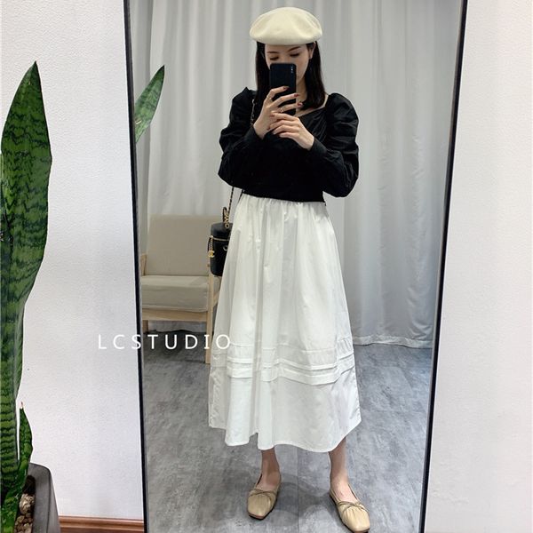 

2021 show thin solid color summer fresh sweet temperament black cotton skirt, White