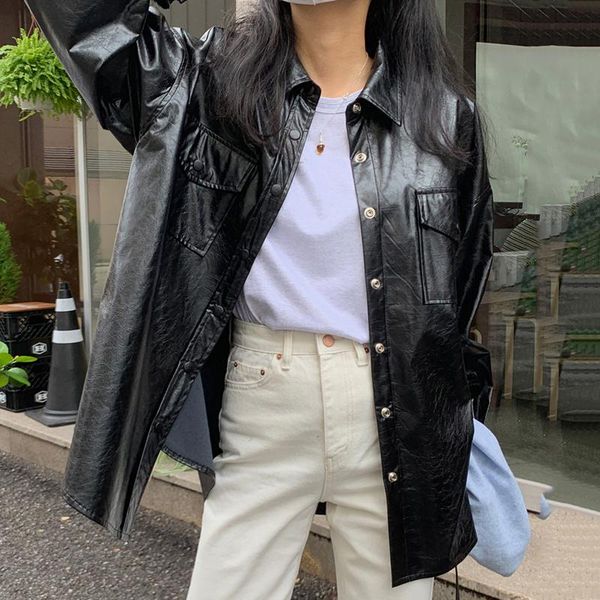 

women's leather & faux [ewq] korean chic autumn black lapel single breasted double pocket loose long sleeve casual pu coat female 2021