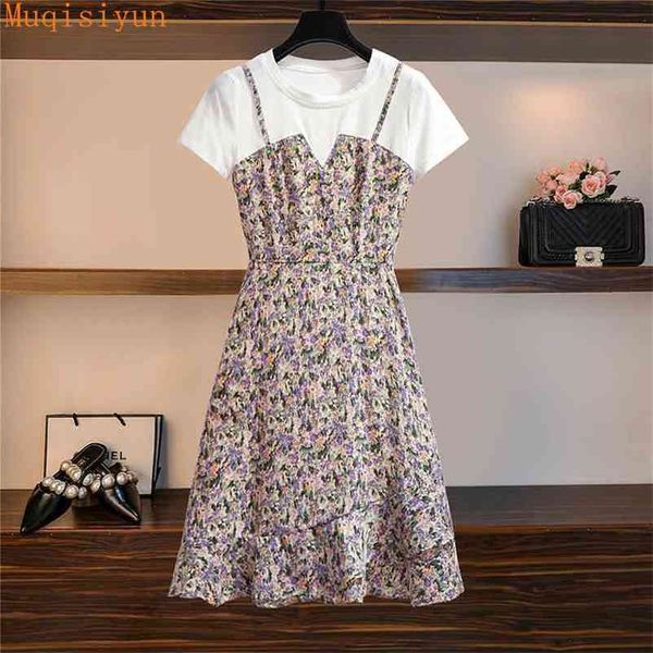 

summer dress for women spaghetti strap fake two pieces short sleeve cotton patchwork floral chiffon dresses female clothing 210519, Black;gray