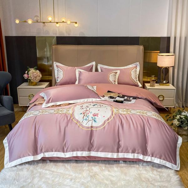 

bedding sets classical flower embroidery set satin silk cotton duvet cover quilt bed comforter fitted sheet pillowcases