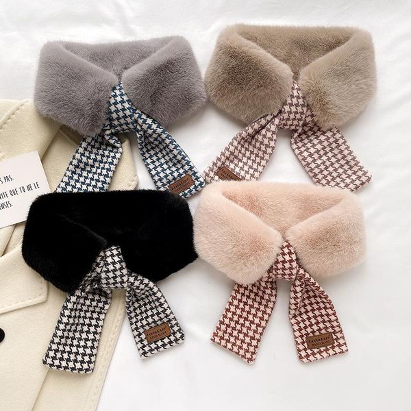 

scarves 2021 women's houndstooth design knitted scarf neckerchief fashion thick faux fur neck skinny collar snood ring ties, Blue;gray