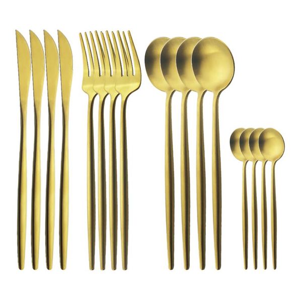 

dinnerware sets 16pcs gold round handle tableware cutlery set 304 stainless steel knife fork spoon flatware dishwasher safe