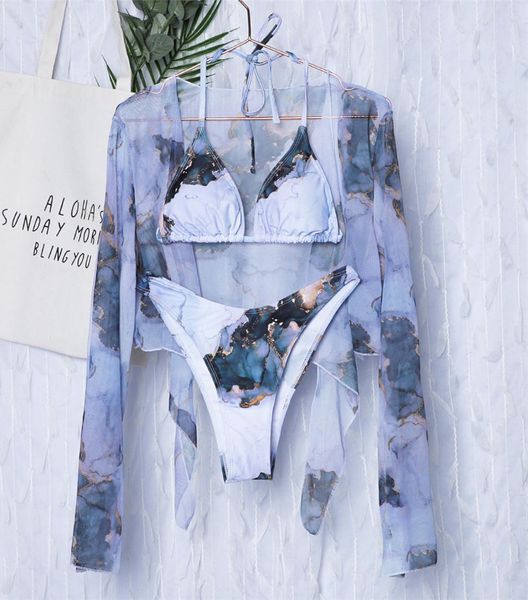 

marble long sleeve bikini female swimsuit women swimwear plus size bikini set halter bather bathing suit swimby air