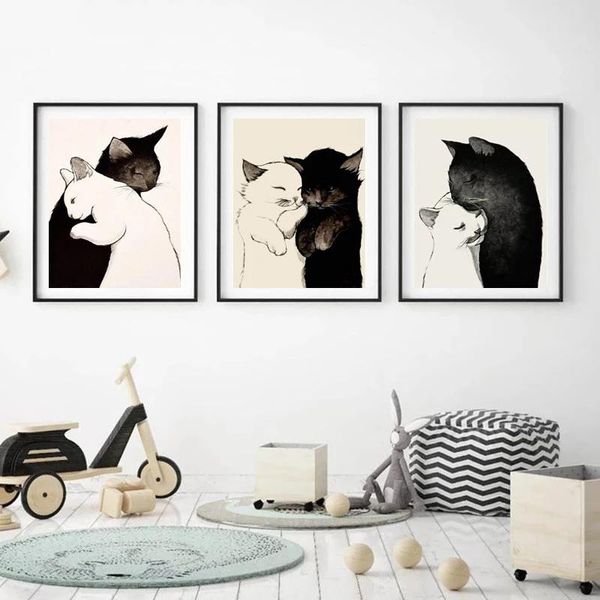 

paintings animals cute black and white cat prints canvas painting wall art nordic posters for living bedroom aesthetic room decor