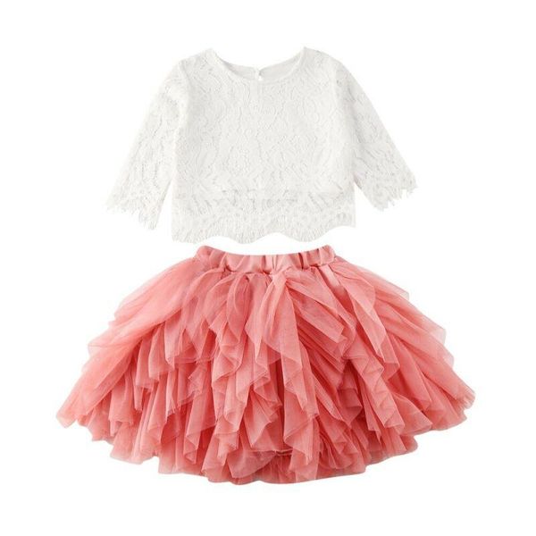

clothing sets 1-6y toddler kids baby girls clothes princess lace solid t-shirt tutu skirt outfit autumn set, White