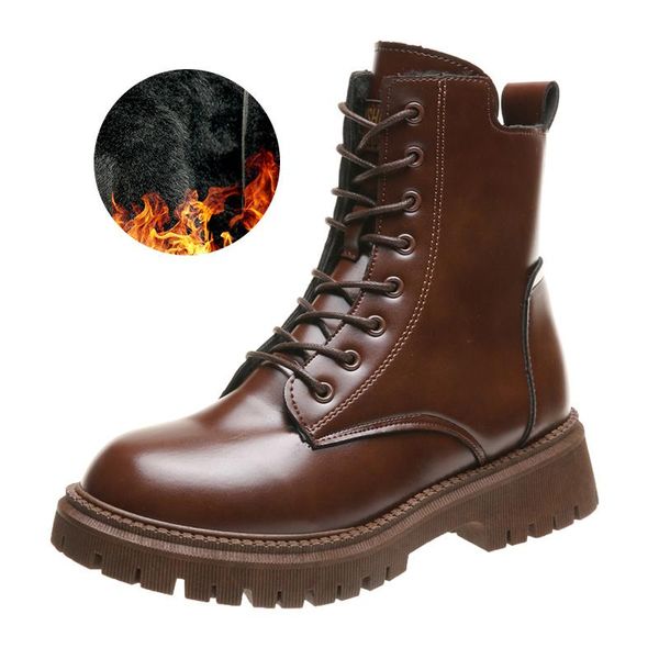 

boots autumn winter short plush motorcycle women 2021 non-slip keep warm ankle woman lace-up pu leather botas, Black