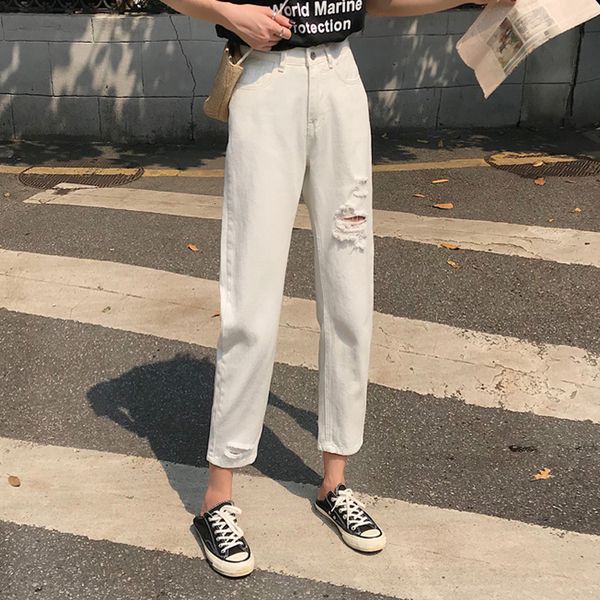 

women's jeans jeans high waist, light jeans, spring, torn, straight, student, casual, cut ok5e, Blue