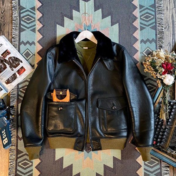 

men's leather & faux lamb fur g1 bomber jacket light thin coat, Black