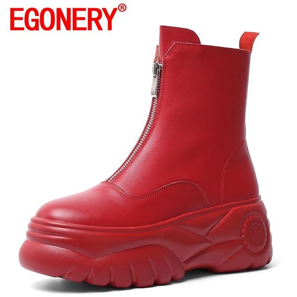 

boots egonery women winter style thick bottom ankle fashion leisure zipper concise mature ventilation round toe solid color, Black