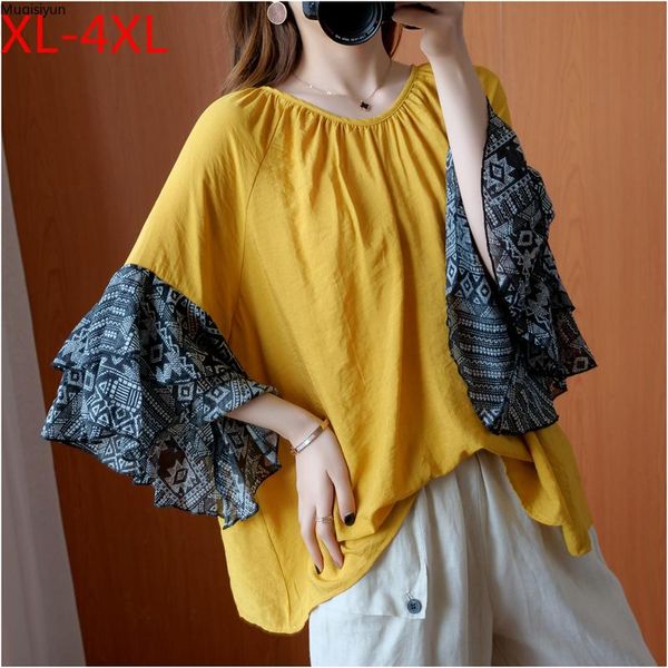 

summer plus size women blouse shirts elegant lady tunic loose casual female clothing spliced print butterfly sleeve s3293 women's blou, White