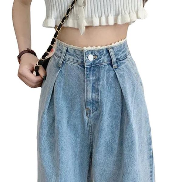 

women's jeans fashion korean women vintage female wide leg trousers lace pleated womens clothes casual loose bf high waist blue