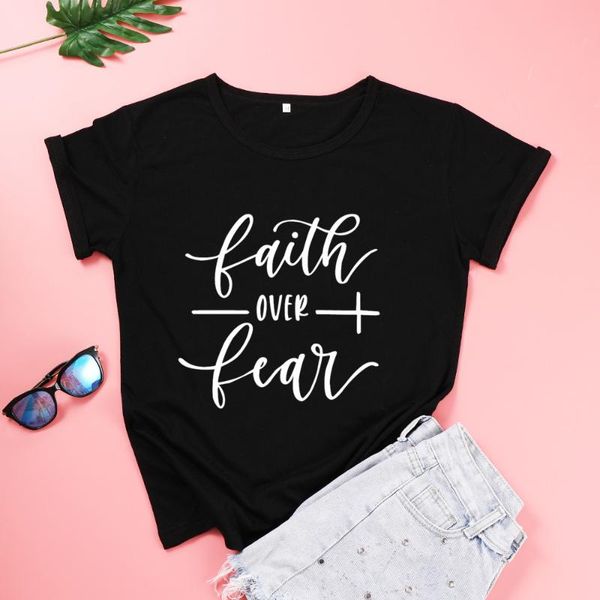 

women's t-shirt christian faith over fear tshirts hope short sleeve o neck cotton letter print graphic tees forwomen ladies, White
