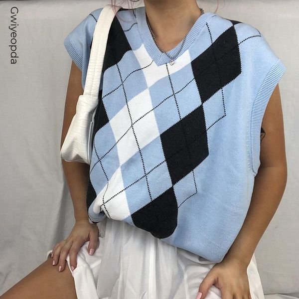 

e-girl argyle sweater vest women v neck sleevelss knitted vests blue preppy style fshion checkered soft crop women's sweaters, White;black