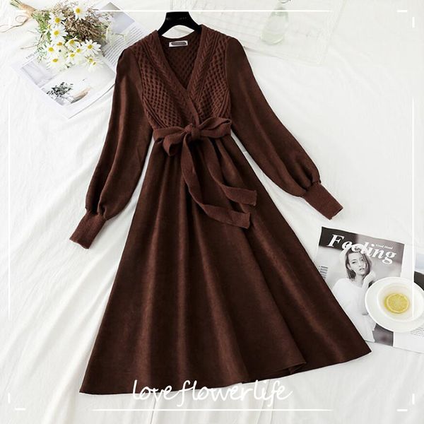 

autumn winter women corduroy dress long sleeve v-neck twist knitted patchwork dresses elegant a-line knee-length dress 210521, Black;gray