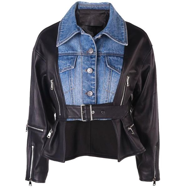 

women's leather & faux yoloagain 2021 design women real jacket denim panel for ladies, Black