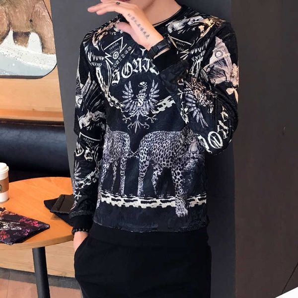 

luxury tiger printing velvet t shirt homme royal social men t shirt nightclub casual slim fit long sleeve o neck sweatshirts 210527, White;black