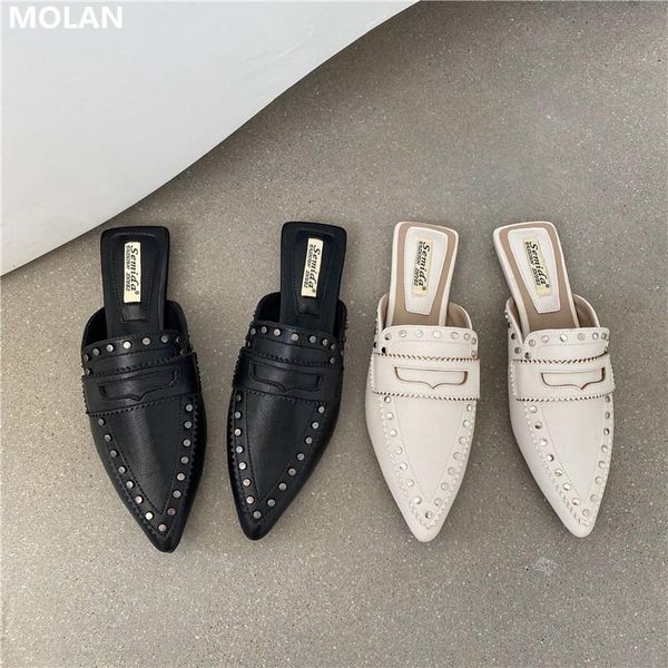 

slippers good leather korean fashion rivet decoration flat slides molan brand design 2021 autumn pointed women shoes casual, Black